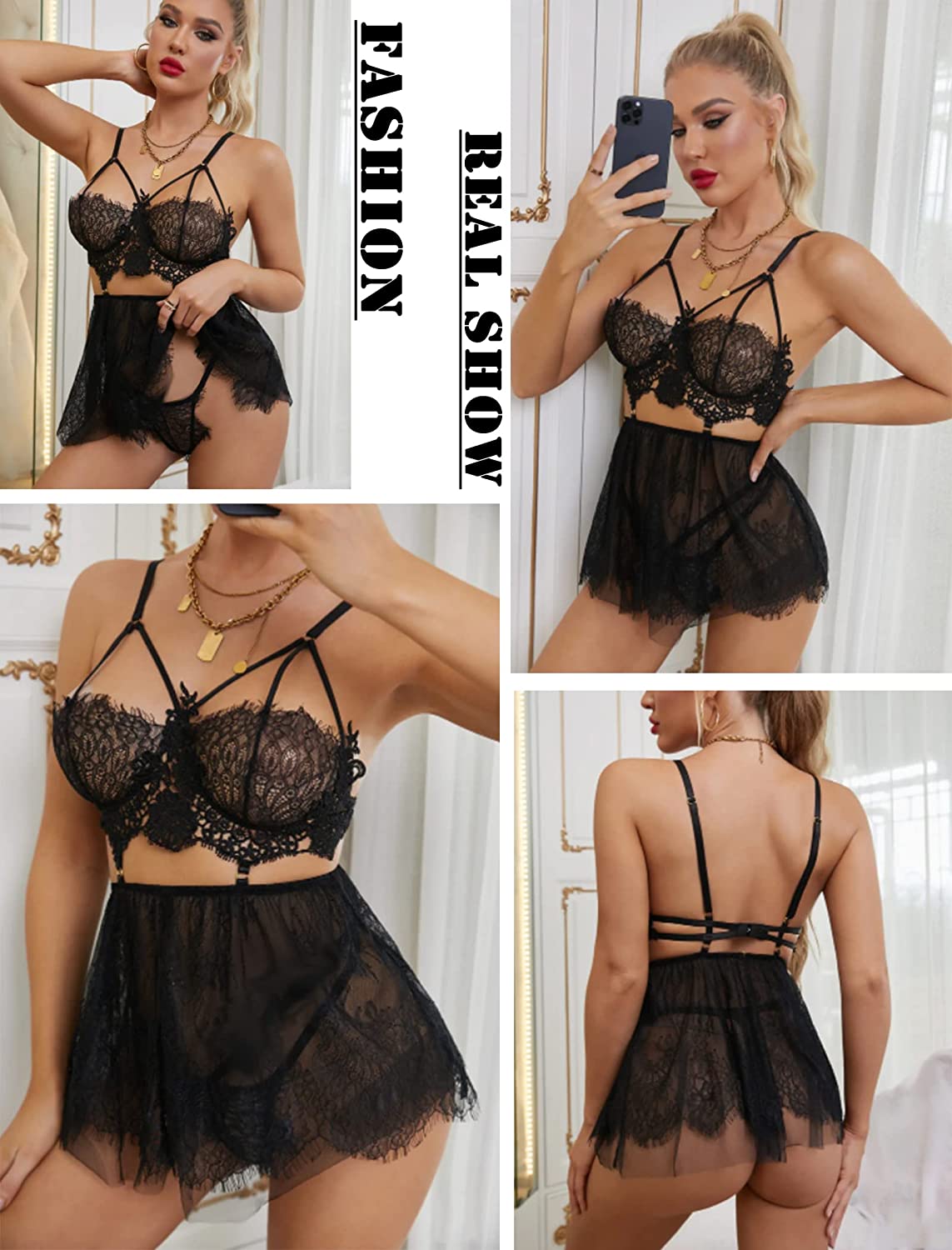 Lace and Mesh Nightie - Black