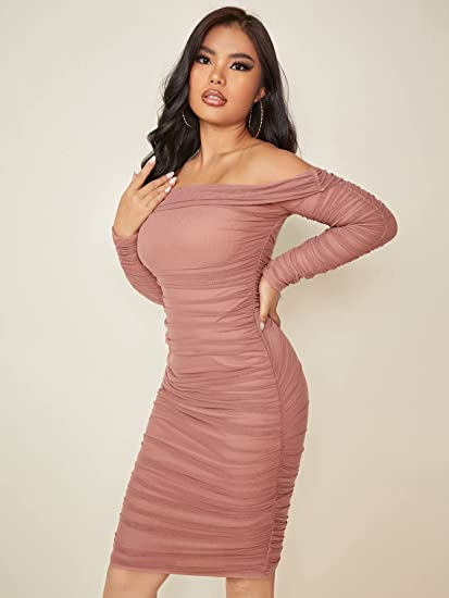 Off the shoulder ruched bodycon outlet dress